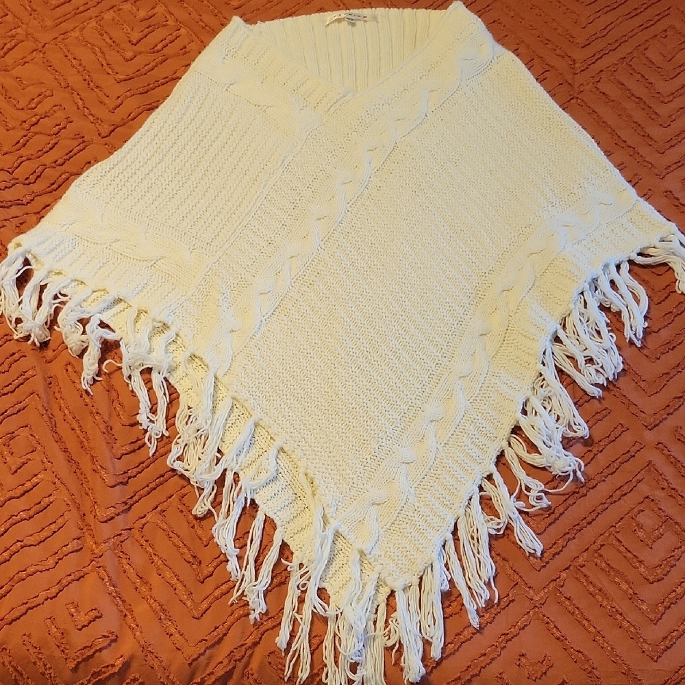 Studio M Cream Fringe Poncho Sweater